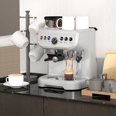 HOMCOM 15 Bar Coffee Machine, with Adjustable Grind, Steamer and Accessories - Silver Colour 