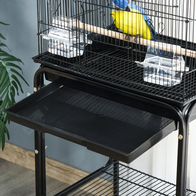 PawHut Bird Cage Budgie Cages for Finch Canary Parakeet with Stand Wheels Slide-out Tray Accessories Storage Shelf, Black 46.5 x 36 x 157 cm 