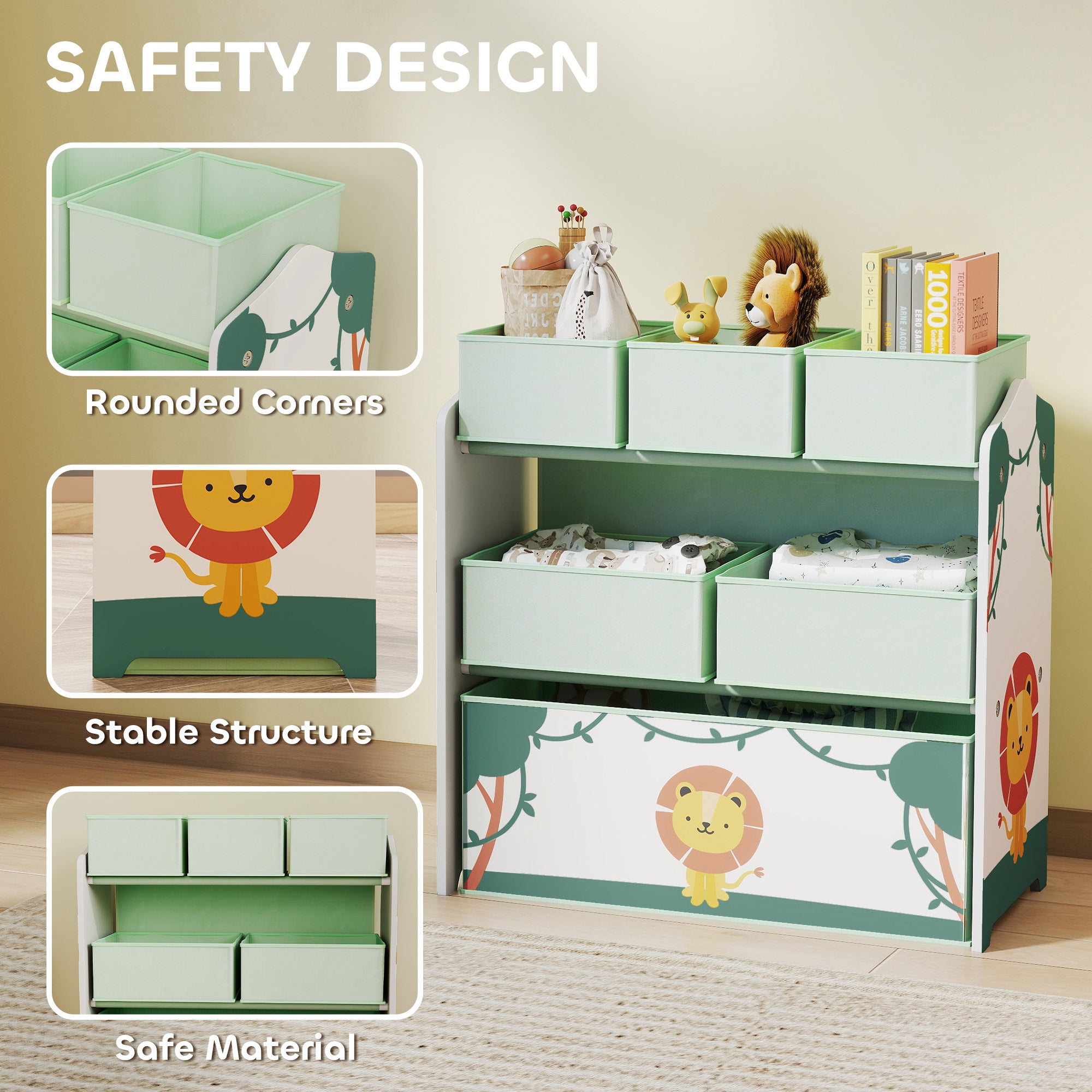 AIYAPLAY Kids Toy Storage Units, 3-Tier Toy Organiser Shelf with 6 Removable Boxes for Kids, Bedroom, Playroom, Green
