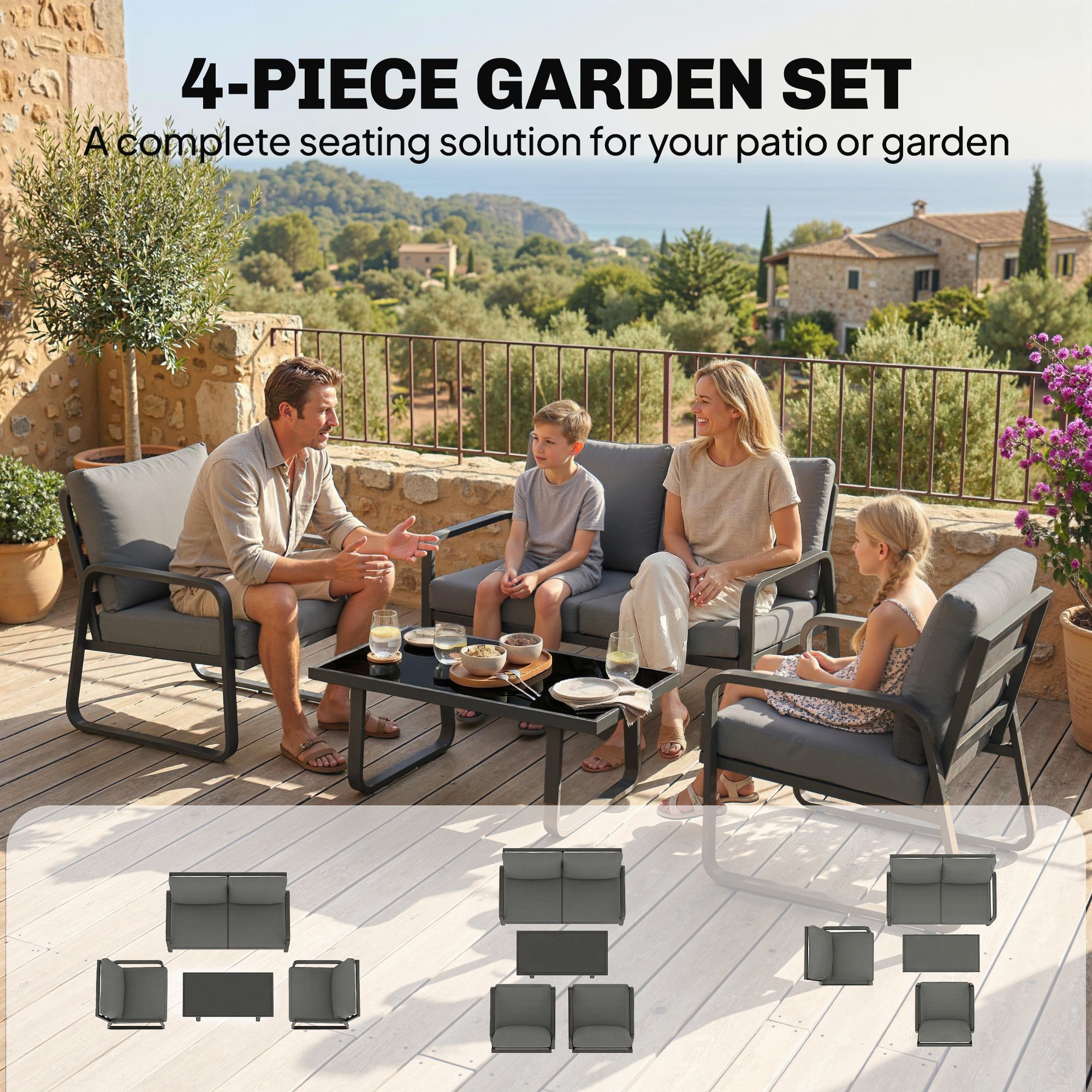 Outsunny 4 Piece Garden Furniture Set, Outdoor Sofa Set with Loveseat, 2 Armchairs, Coffee Table and Cushions 