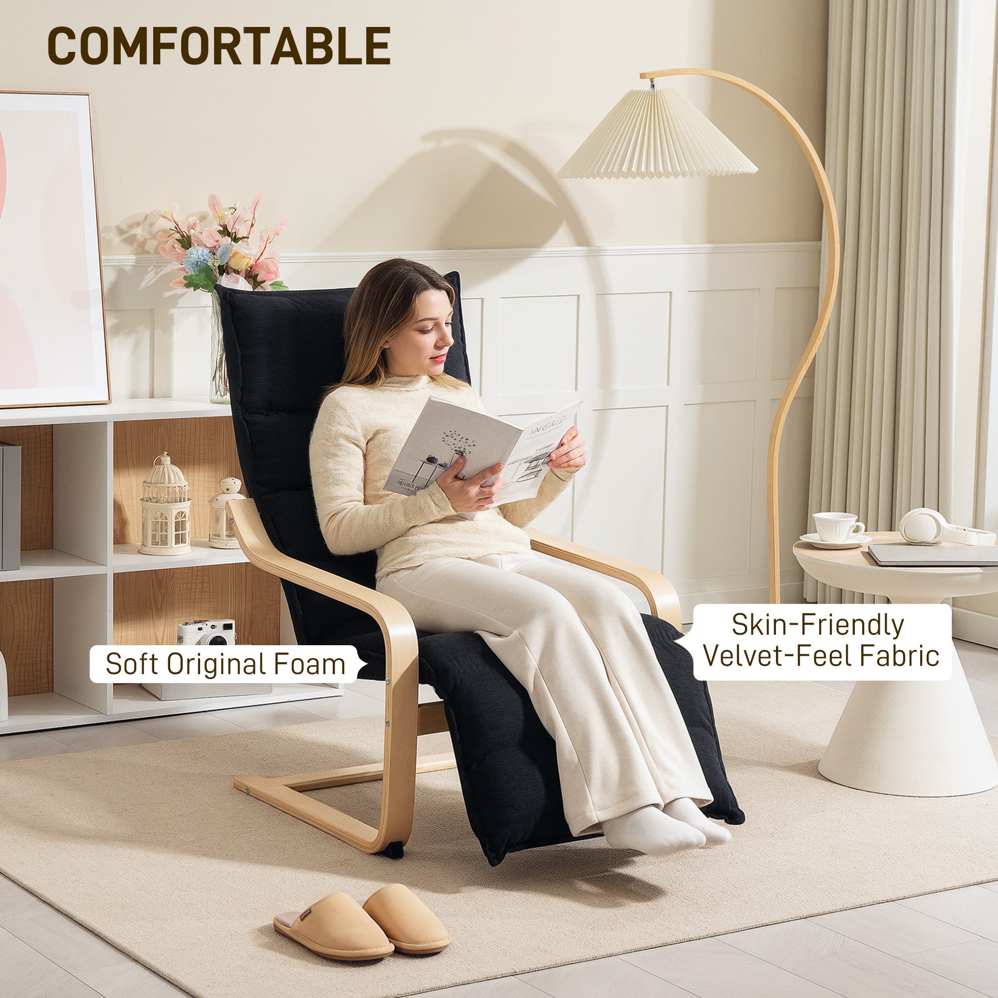HOMCOM Birch Wood Lounge Chair, Upholstered Recliner Lounge Seat with Adjustable Footrest, Modern Armchair for Living Room, Bedroom, Balcony, Office, Black
