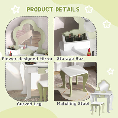 ZONEKIZ Kids Vanity Table with Mirror and Stool, Drawer, Storage Boxes, Flower Design, for Ages 3-6 Years - White 