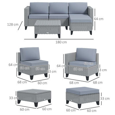 Outsunny 5-Piece Rattan Patio Furniture Set with Corner Sofa, Footstools, Coffee Table, for Poolside, Grey 