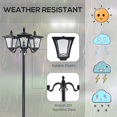 Outsunny 1.8m Traditional Victorian Style 3 Way Head Outdoor Garden Solar Post Lamp Sensor Dimmable LED Lantern Bollard Pathway IP44 – Black 