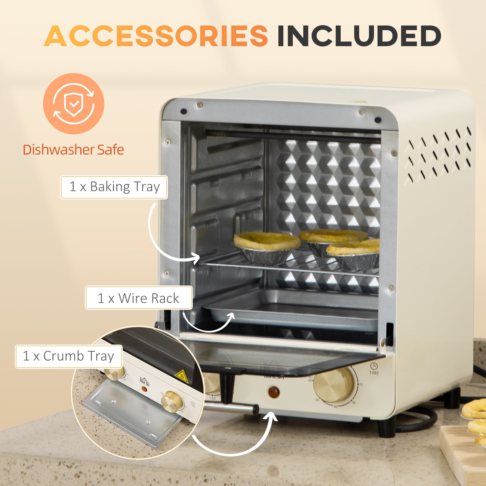 HOMCOM Mini Oven, 15 Litres Electric Oven and Grill with 60-230\'e2\'84\'83 Adjustable Temperature, 60 Minute Timer, Include Baking Tray, Wire Rack and Crumb Tray, 1000W, Cream White