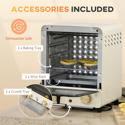 HOMCOM Mini Oven, 15 Litres Electric Oven and Grill with 60-230\'e2\'84\'83 Adjustable Temperature, 60 Minute Timer, Include Baking Tray, Wire Rack and Crumb Tray, 1000W, Cream White 