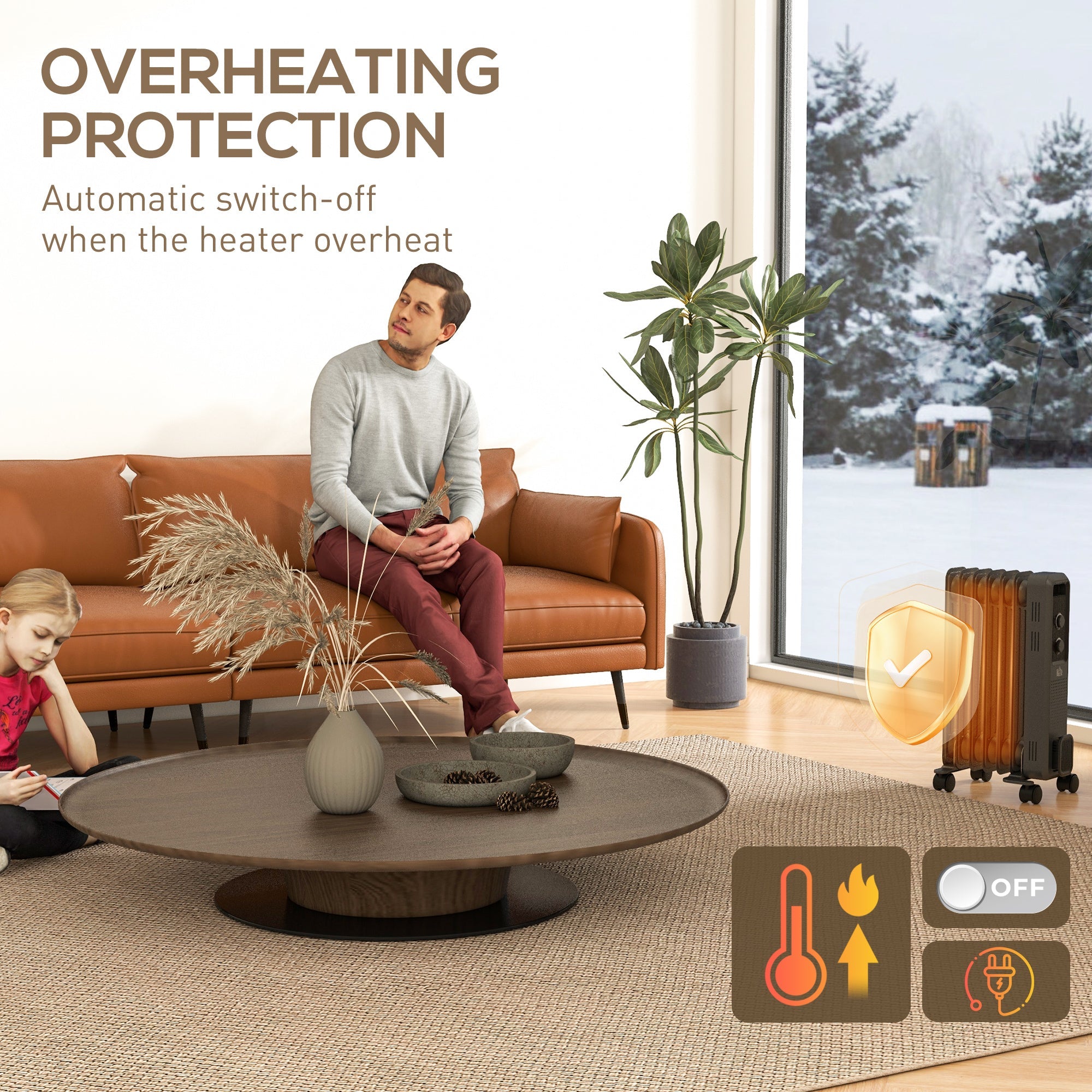HOMCOM 1500W Oil Filled Radiator, 7 Fin, Portable Electric Heater with 3 Heat Settings, Safety Cut-Off and Wheels, Grey 