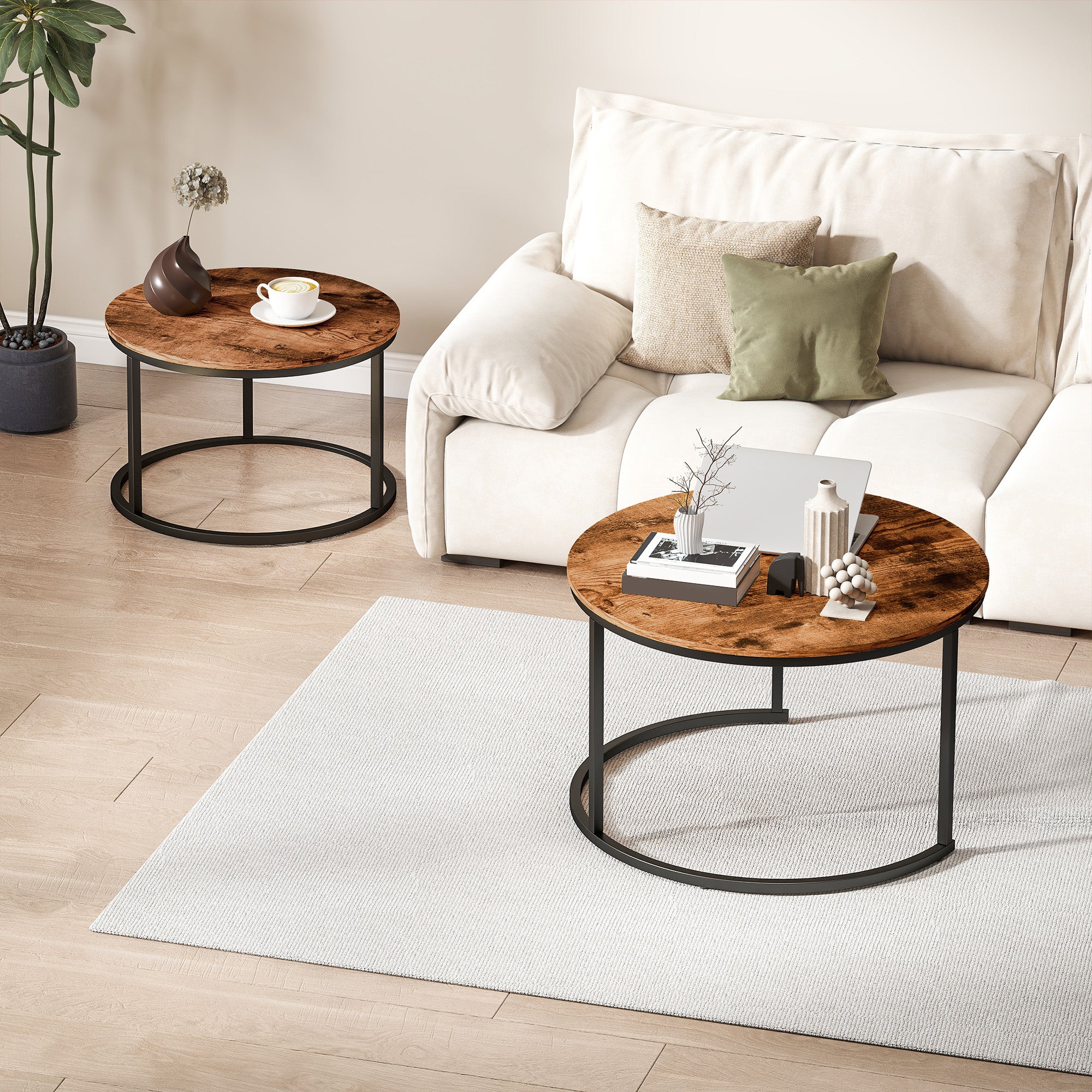 HOMCOM Coffee Table Set of 2, Round Nest of Tables with Metal Frame, Modern Side Tables for Living Room, Rustic Brown 
