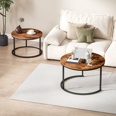 HOMCOM Coffee Table Set of 2, Round Nest of Tables with Metal Frame, Modern Side Tables for Living Room, Rustic Brown 