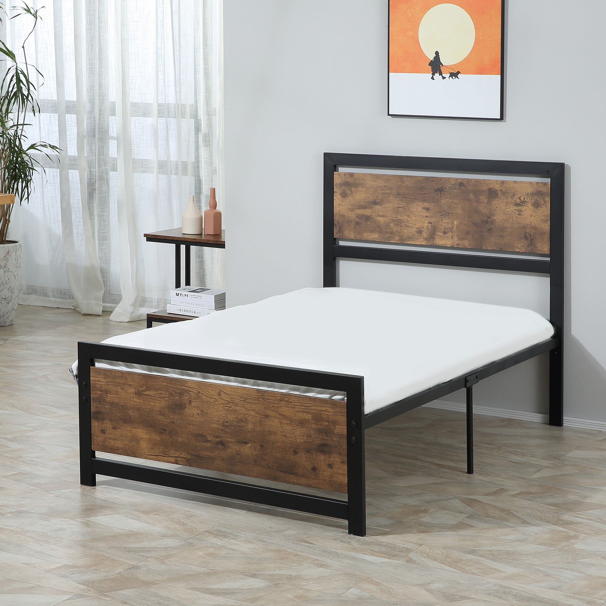 HOMCOM Single Size Metal Bed Frame with Headboard & Footboard, Strong Slat Support Solid Bedstead Base w/ Underbed Storage Space, Bedroom Furniture For Adults 