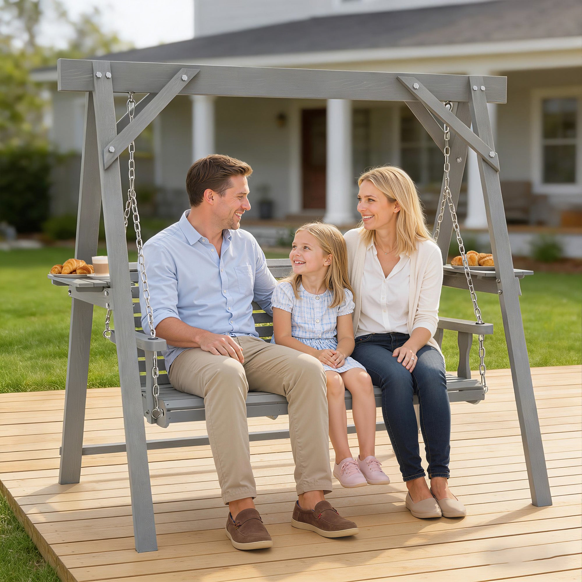Outsunny Three-Seater Wooden Swing Bench, Dark Grey 