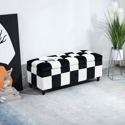 HOMCOM 114 x 47 x 47cm Velvet Storage Ottoman, Button-tufted Footstool Box, Toy Chest with Lid for Living Room, Bedroom, White and Black 