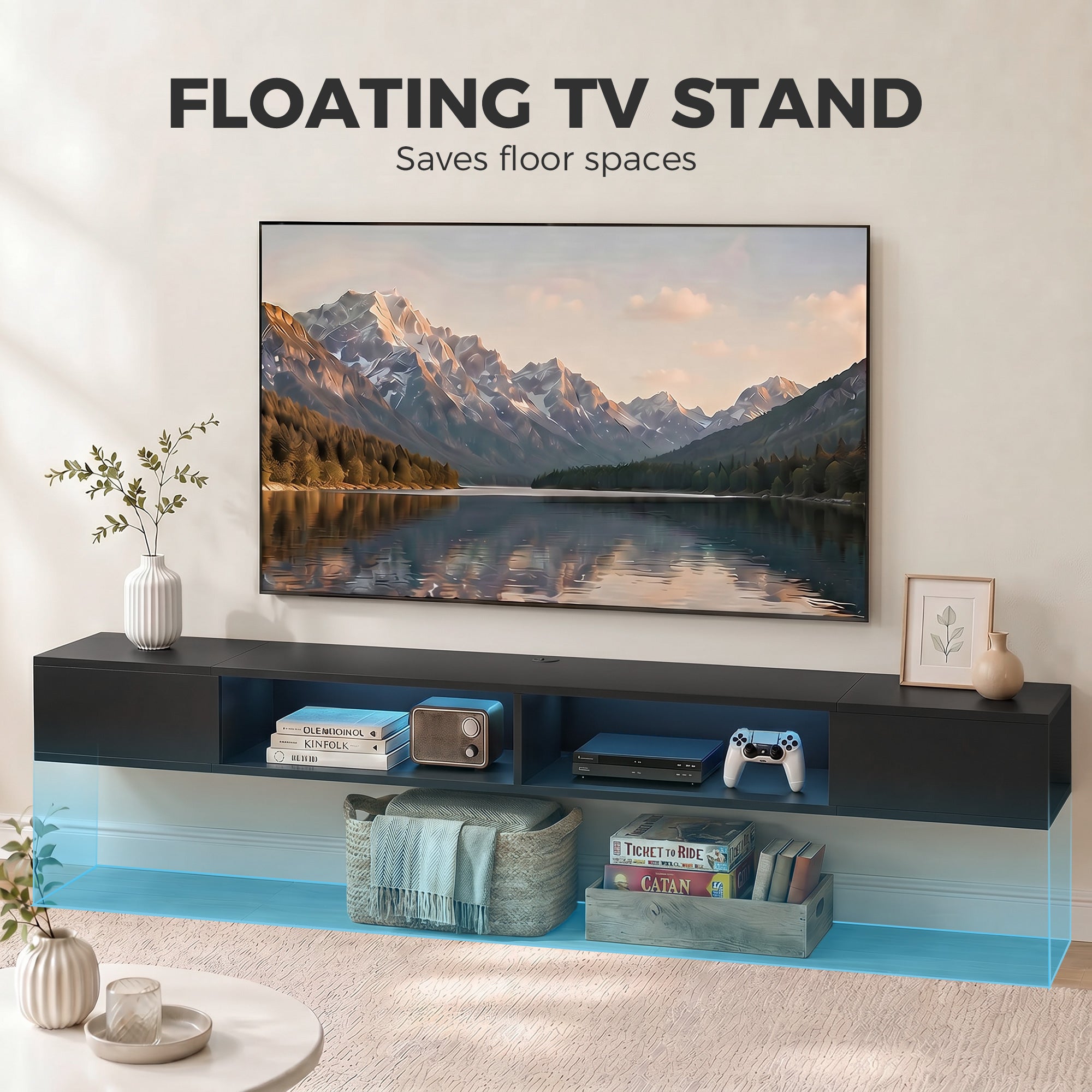 HOMCOM Wall Mounted TV Stand with RGB LED Lights, Floating Entertainment Centre for 75 Inch TV, Black