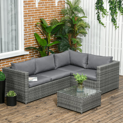 Outsunny 3 Pieces PE Rattan Garden Furniture Set with 10 cm Thick Cushions, 4 Seater Garden Corner Sofa Set with Glass Top Coffee Table, Outdoor Furniture for Patio, Porch, Grey 