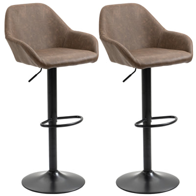 HOMCOM Bar Stools Set of 2, Height Adjustable Swivel Barstools, PU Leather Kitchen Stools with Backs, Armrests and Footrest for Home, Counter and Dining Room, Dark Brown 