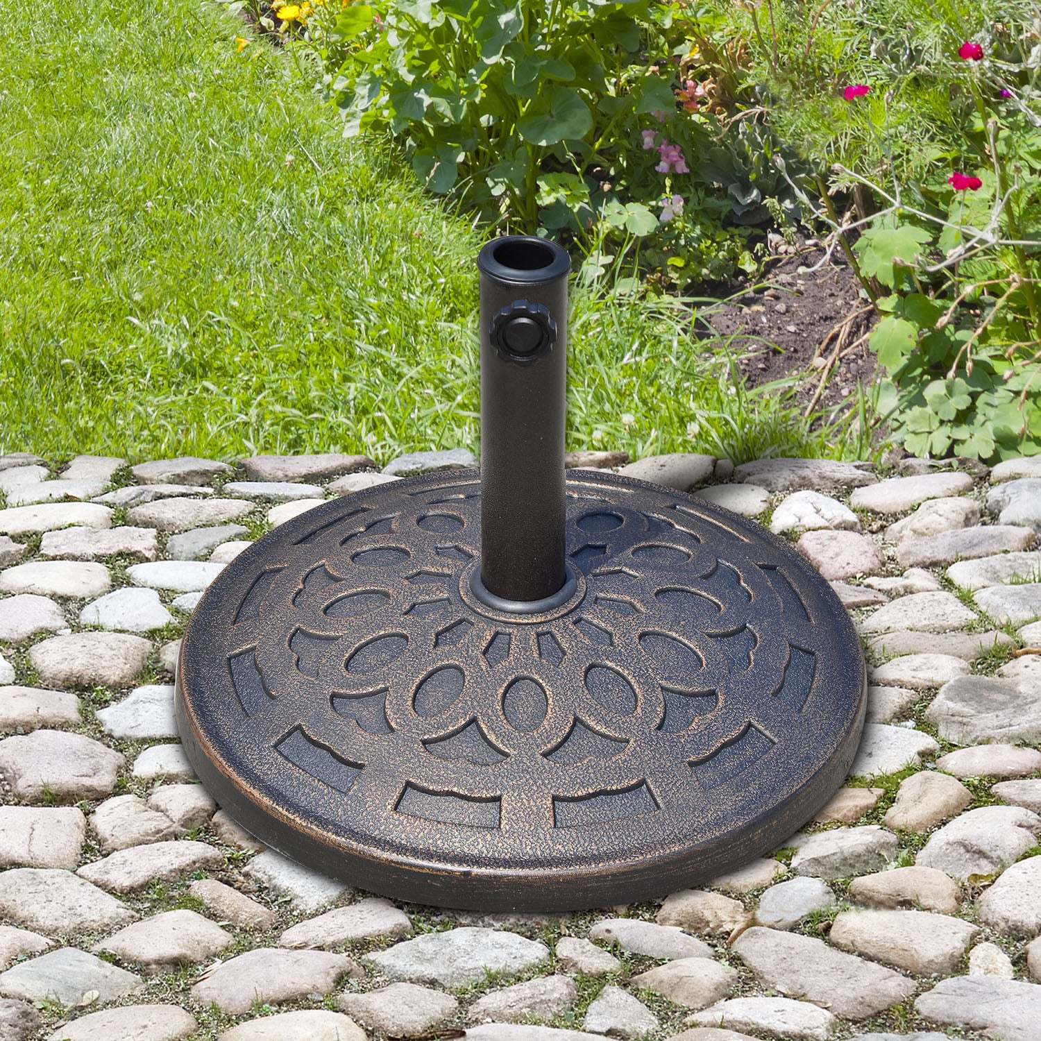 Outsunny 14kg Round Garden Parasol Base Holder Decorative Resin Market Umbrella Stand with Adjustable Coupler, Bronze 