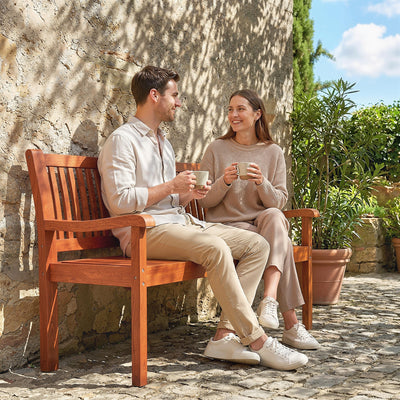 Outsunny Garden Bench 2 Seater, Wooden Outdoor Bench with Waterproof Cover, Garden Seat with Ergonomic Backrest 