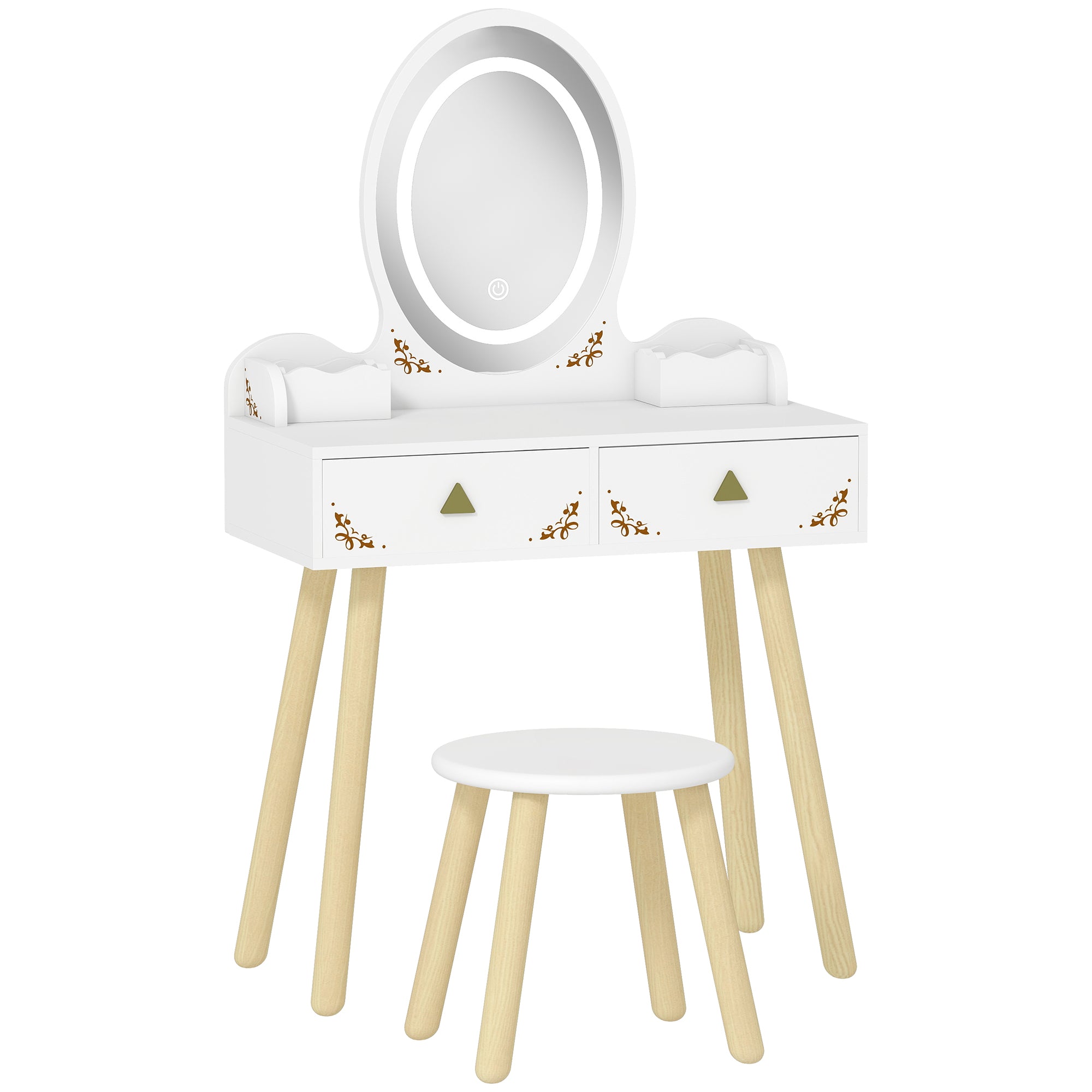 AIYAPLAY Kids Vanity Table and Chair Set with 3-Colour LED Lights Mirror, Drawer, Storage Boxes, for 3+ Years, White 