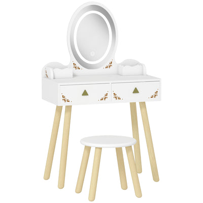 AIYAPLAY Kids Vanity Table and Chair Set with 3-Colour LED Lights Mirror, Drawer, Storage Boxes, for 3+ Years, White 
