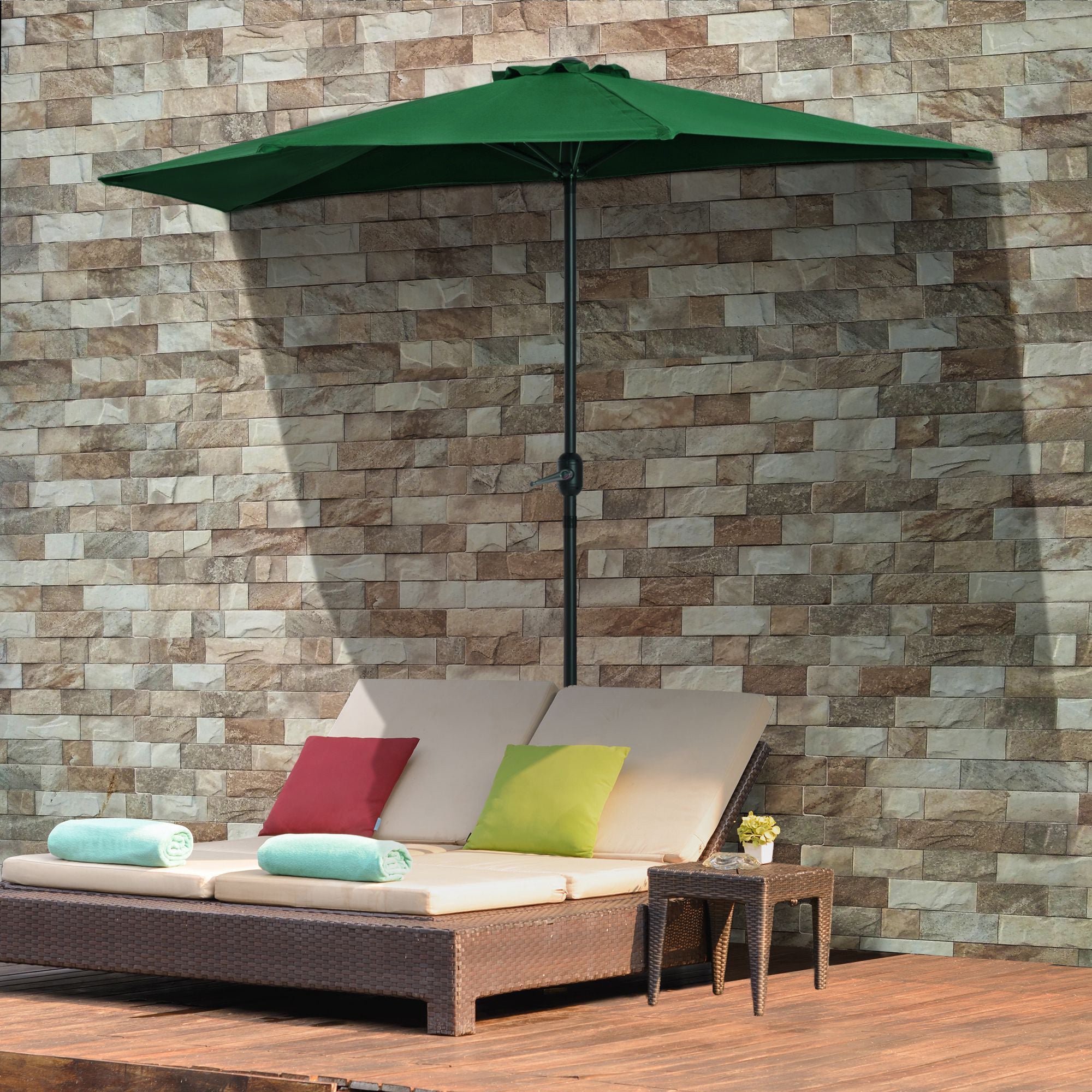 Outsunny 3(m) Half Parasol, Semi Round Umbrella with Metal Frame, Crank Handle for Balcony, Garden, Green 