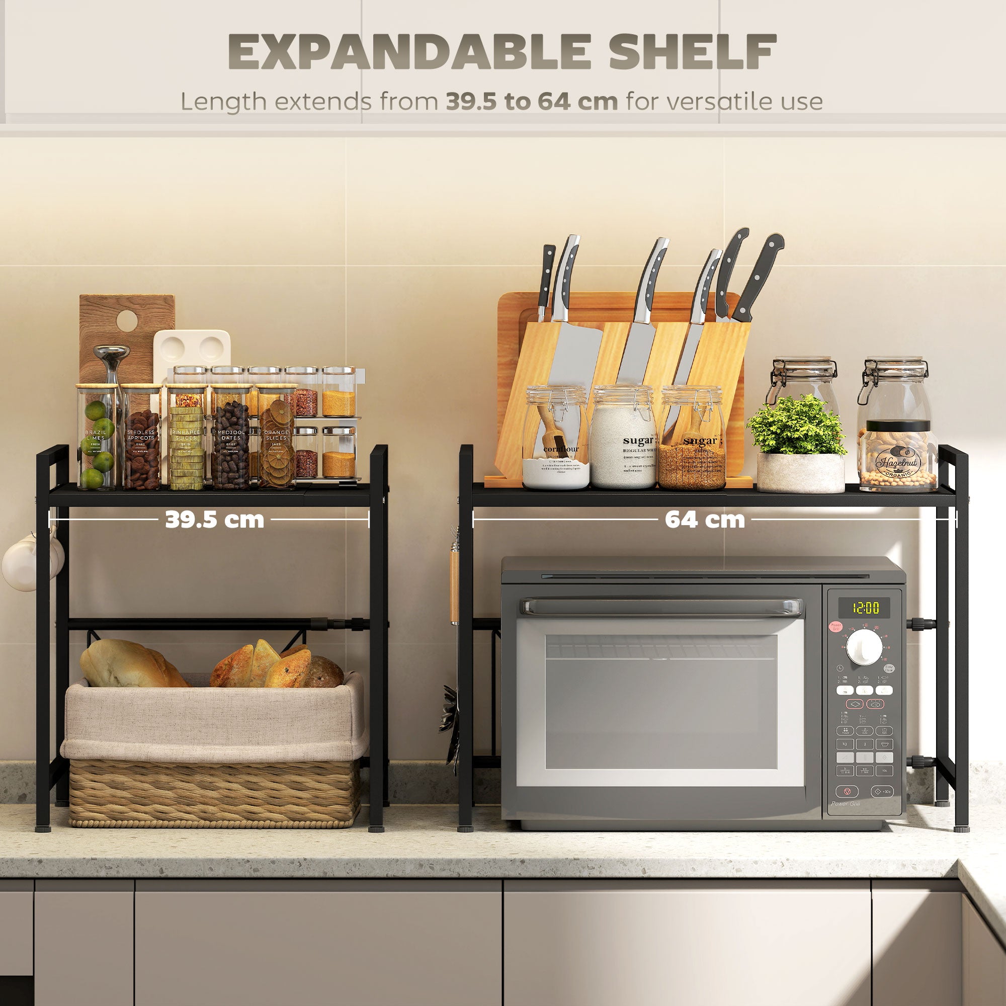 HOMCOM Expandable Microwave Oven Rack with 3 Hooks - Black