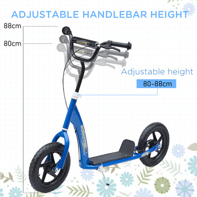 HOMCOM Kids Scooter Kick Scooter with 12" EVA Tyres, Rear Brake, Big Wheels Scooter for 5-12 Years Old, Blue 