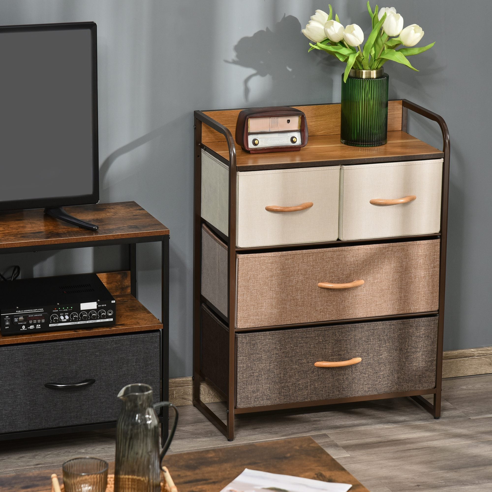 HOMCOM 4-Drawer Dresser, 3-Tier Storage Organizer, Tower Unit for Bedroom Hallway Closets with Steel Frame Wooden Top 