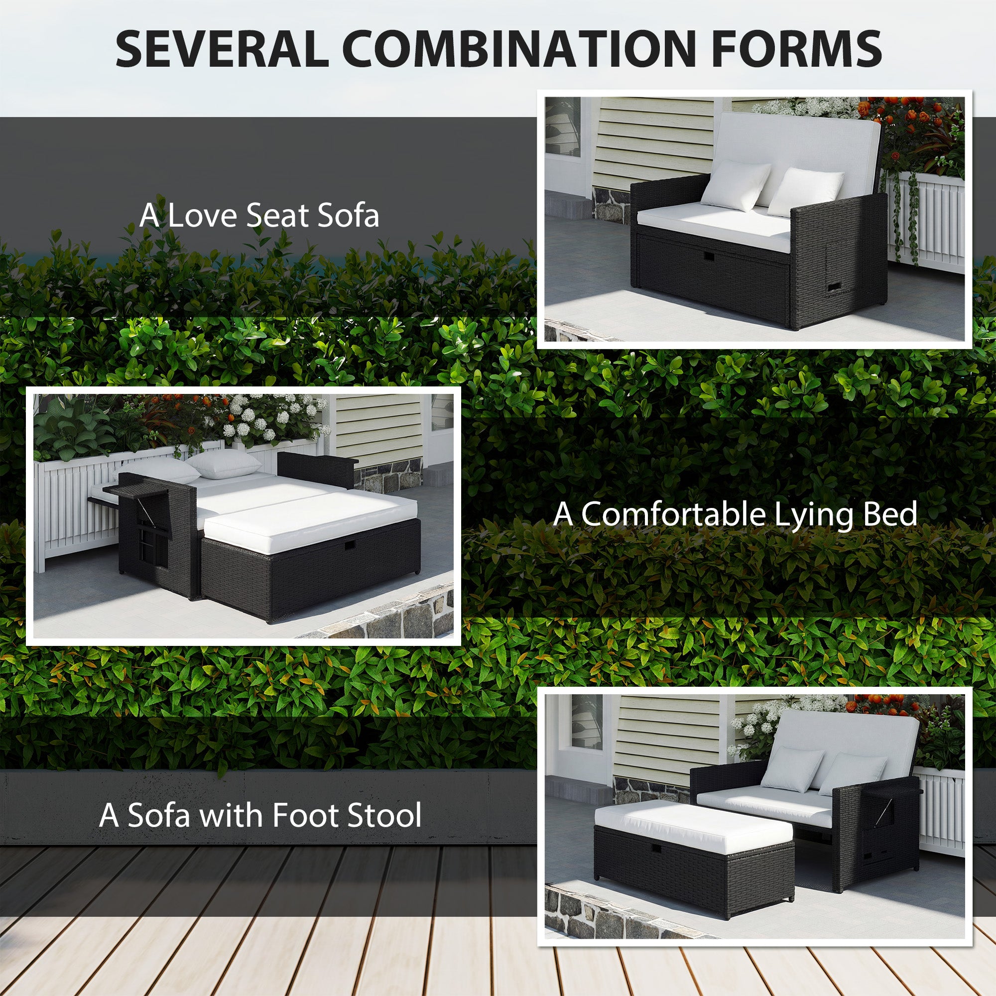 Outsunny Rattan Garden Daybed, Double Sun Lounger with 5-Level Adjustable Back, Storage Ottoman, Cream White 