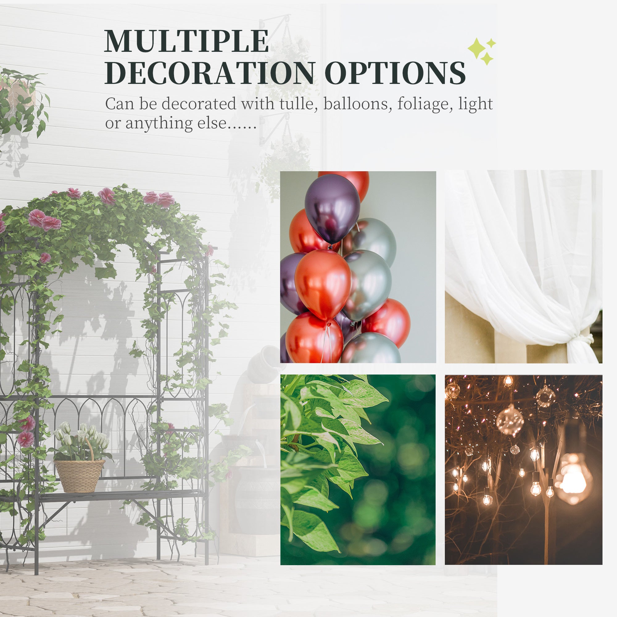 Outsunny Garden Metal Frame Bench W/Arch for Various Climbing Plant, 115Lx50Wx203H cm-Black 