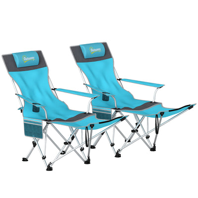 Outsunny Set of 2 Reclining Folding Camping Chair w/ Detachable Footrest, Storage Bag, Cup Holder & Headrest, Blue and Grey 