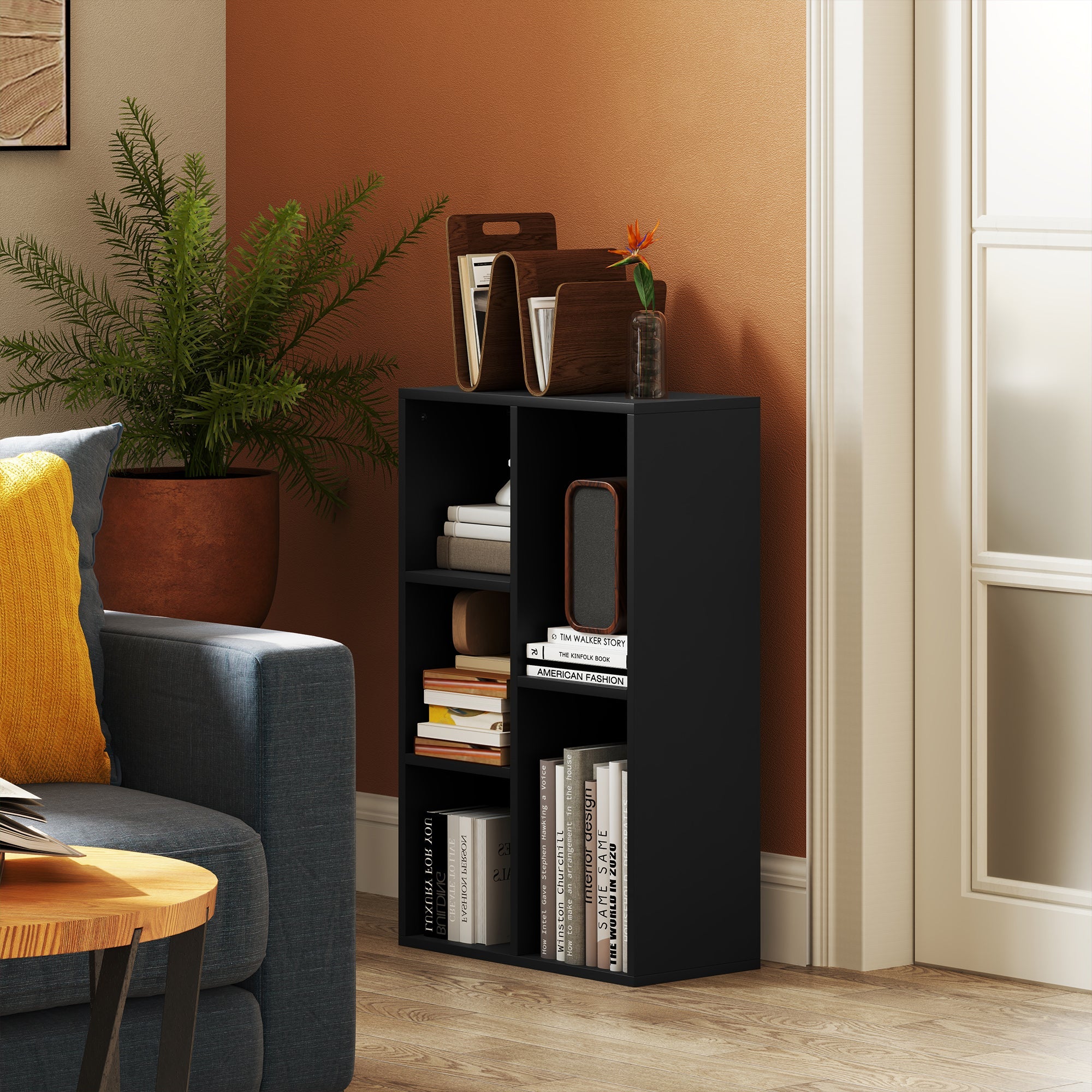 HOMCOM 2-Tier Bookshelf with 5 Compartments - Black 