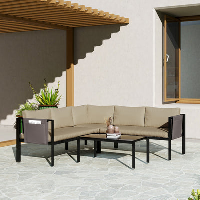 Outsunny 5 Seater Garden Corner Sofa Set, 4 Pieces Metal Garden Furniture Set with Loveseats, Glass Top Coffee Table, Breathable Mesh Pocket, Outdoor Conversation Furniture with Cushions, Khaki 