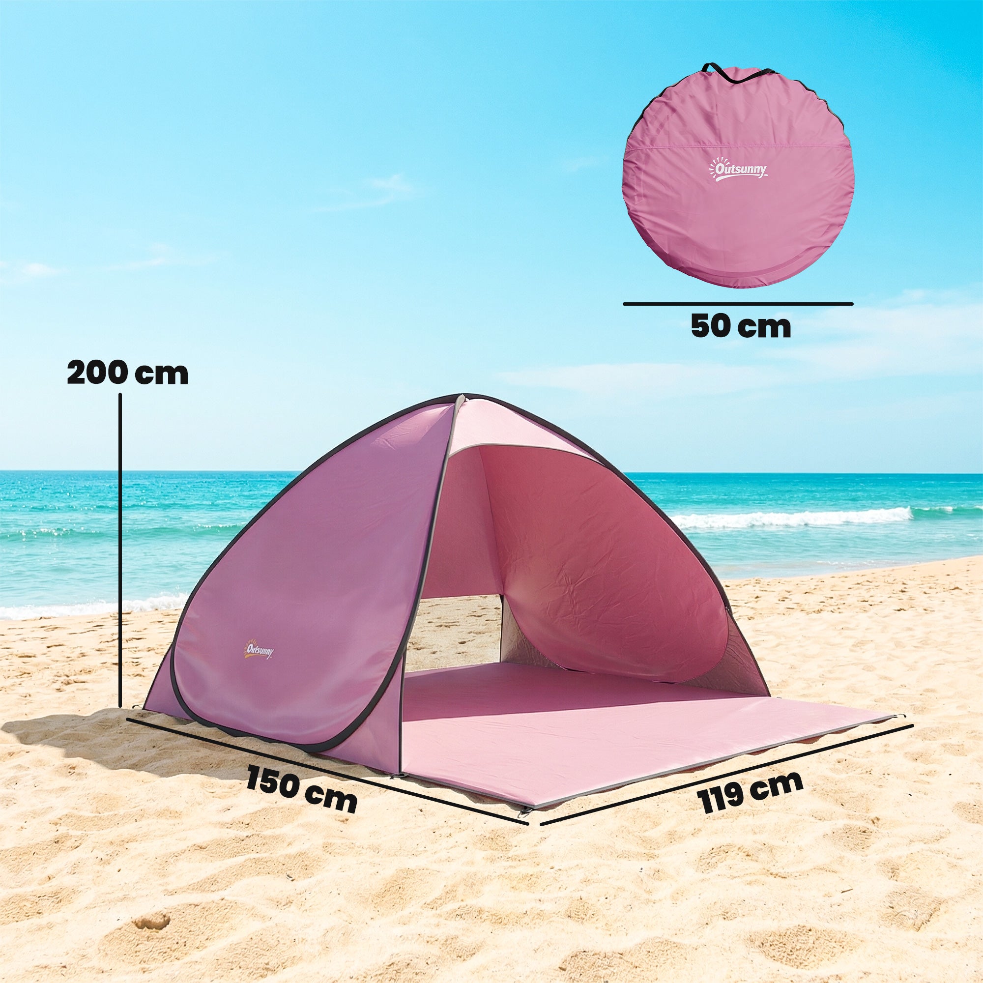Outsunny Pop up Beach Tent, UV 50+ Sun Shelter with Carry Bag, 2x1.5m for 2-3 Person, Pink 