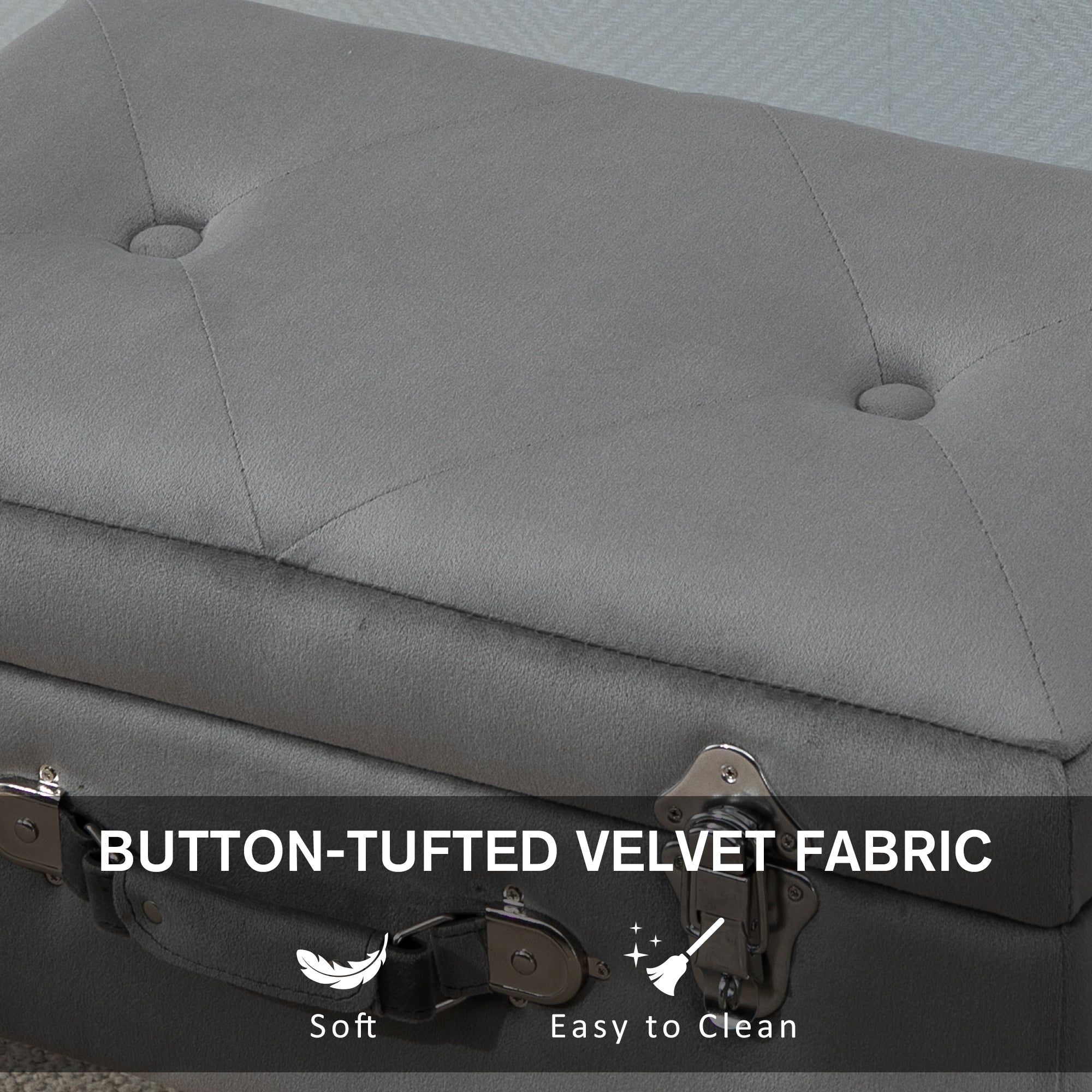 HOMCOM Elegant Velvet Footstool Pouffe Storage Trunk Stool Wood Legs Foot Pads Home Bedroom Hallyway Unique Storage Grey 