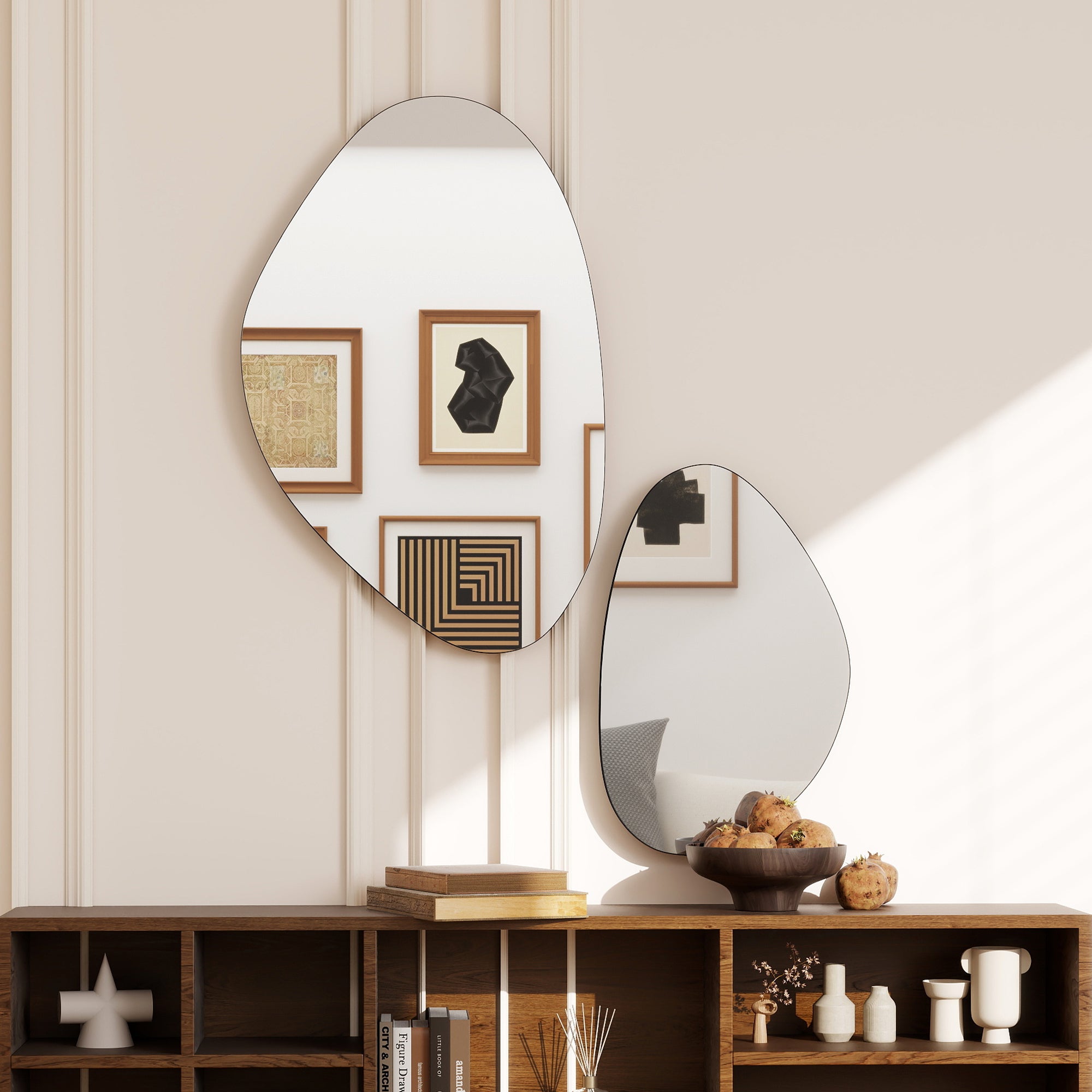 HOMCOM Set of 2 Pebble-Shaped Wall Mirror - Black 