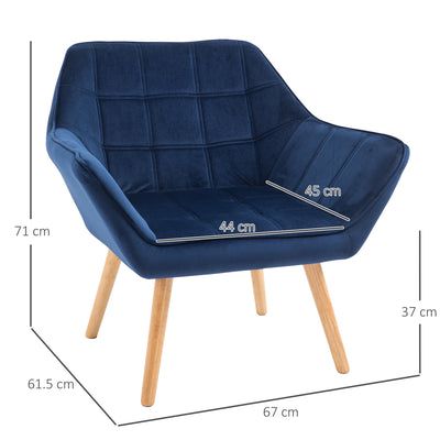 HOMCOM Armchair Accent Chair Wide Arms Slanted Back Padding Steel Frame Wooden Legs Home Bedroom Furniture Seating Blue 