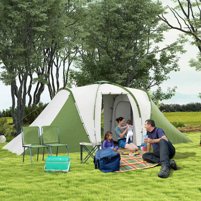 Outsunny Large Camping Tent Tunnel Tent with 2 Bedroom and Living Area, 2000mm Waterproof, Portable with Bag for 4-6 Man, Green 