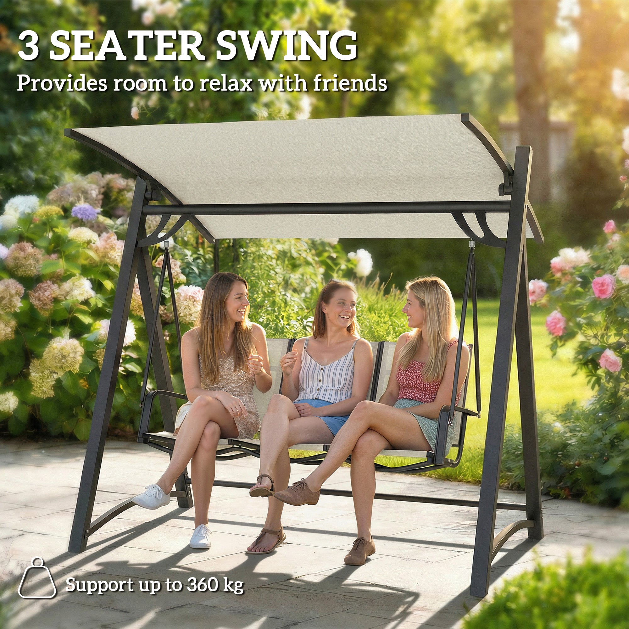 Outsunny 3 Seater Swing Chair, Garden Swing Bench with Adjustable Tilting Canopy, Breathable Mesh Seat 360 kg Capacity, White 