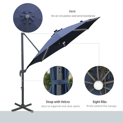 Outsunny 3(m) LED Cantilever Parasol Outdoor Sun Umbrella w/ Base Solar Lights Blue 