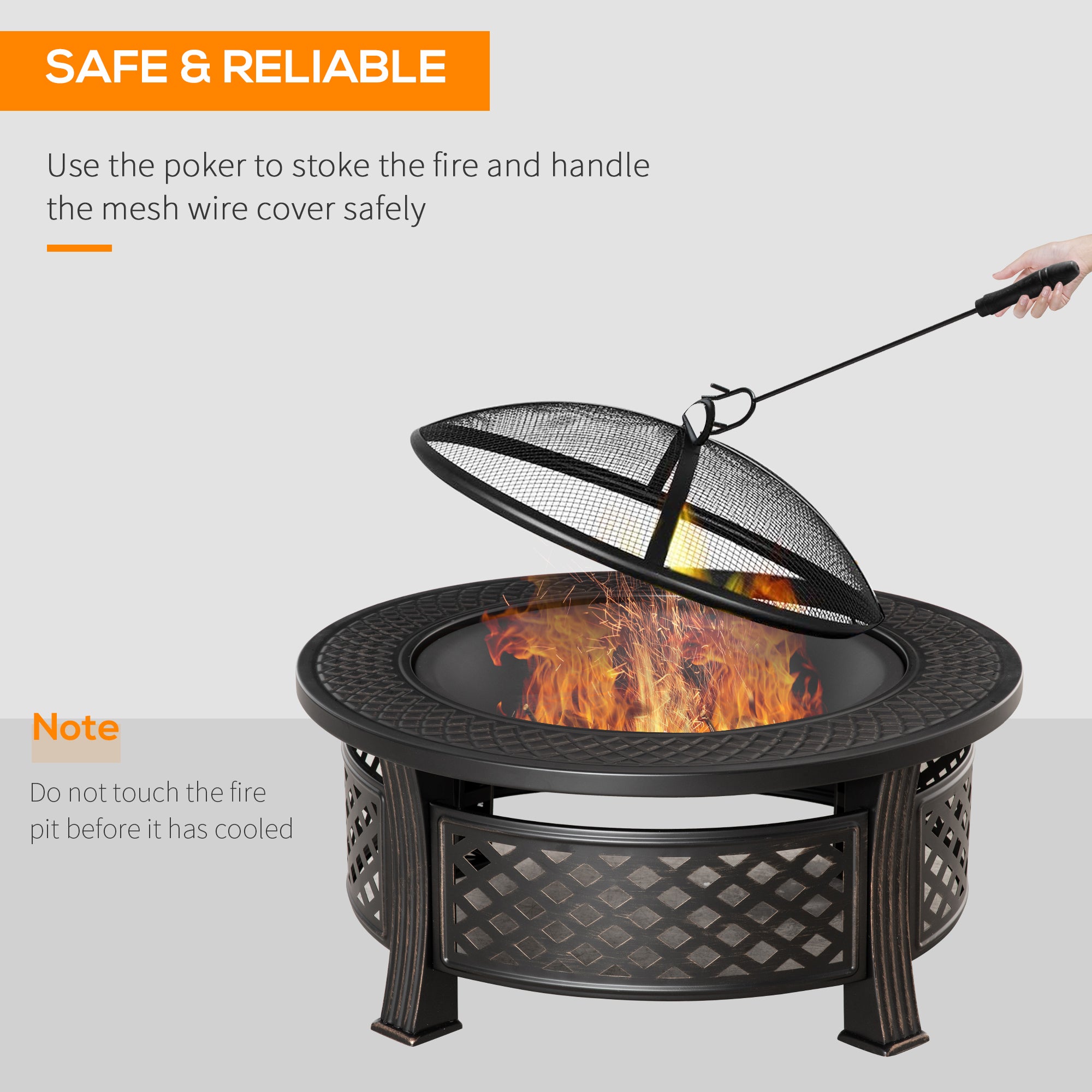 Outsunny Outdoor Fire Pit, Firepit with Grill Net, Mesh Lid, Poker, for Camping, Bonfire, Picnic, Bronze Tone 