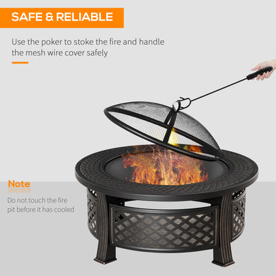Outsunny Outdoor Fire Pit, Firepit with Grill Net, Mesh Lid, Poker, for Camping, Bonfire, Picnic, Bronze Tone 