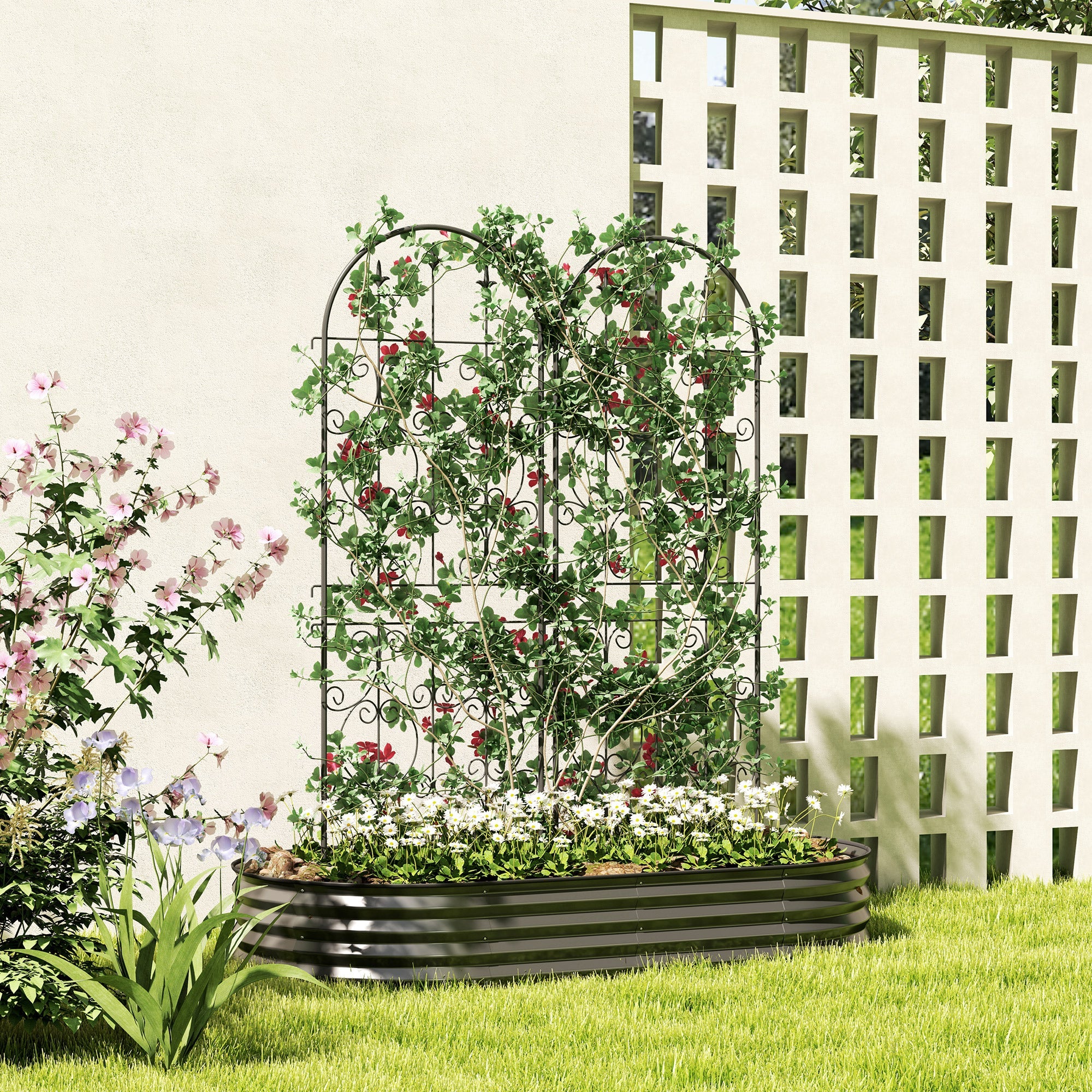 Outsunny Set of 2 Metal Garden Trellis, Decorative Trellis Panels for Climbing Outdoor Plants, Vegetables, Vines, Flowers, 150 x 50 cm, Scrollwork Design 