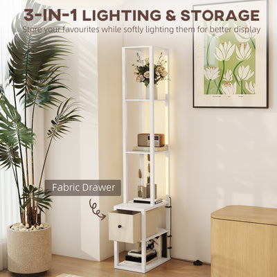 HOMCOM Floor Lamp with Shelves, LED Column Modern Standing Lamp with Fabric Drawer, Adjustable Brightness, Foot Switch for Living Room, Bedroom, Office, White 