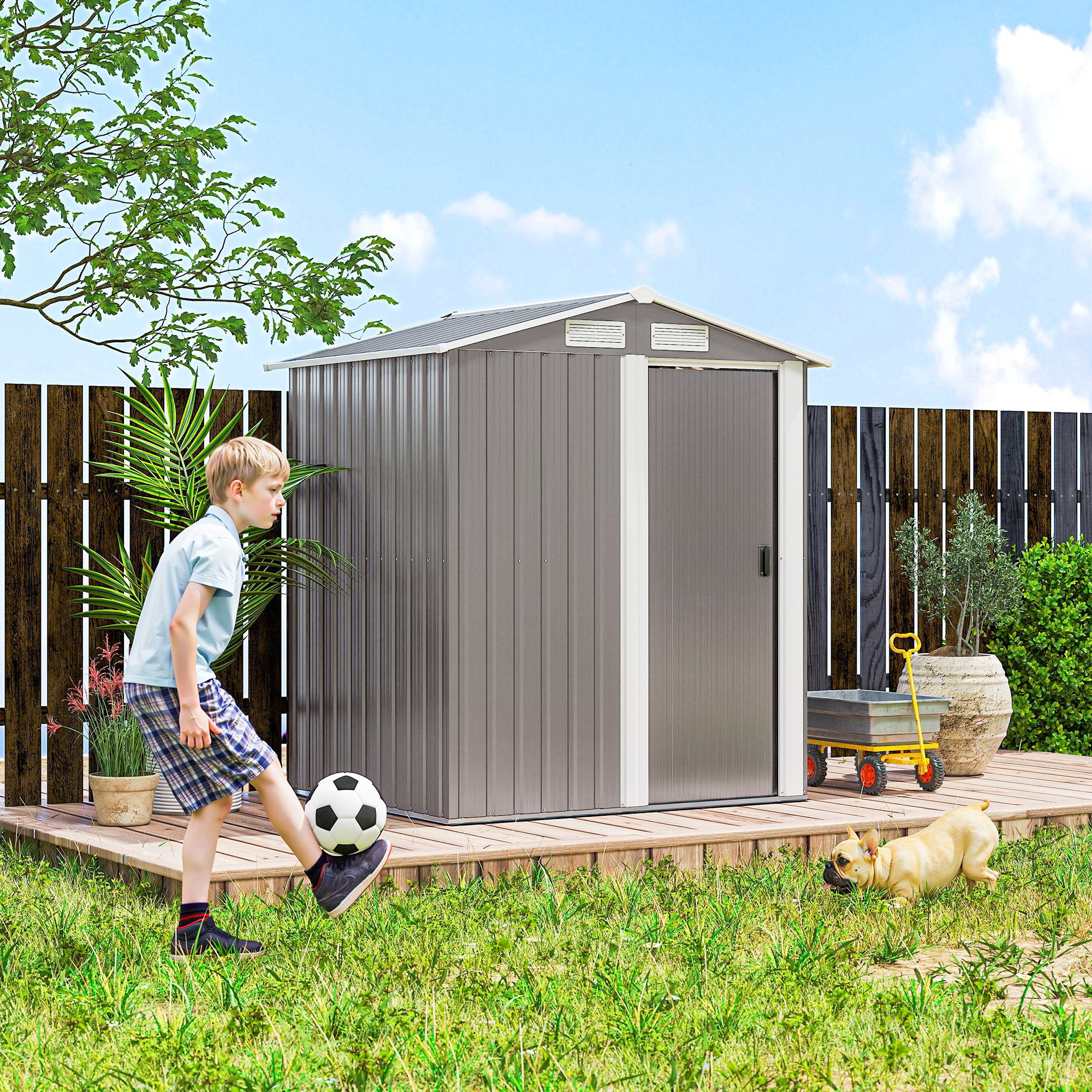 Outsunny Garden Metal Tool Storage Shed with Sliding Door, Sloped Roof and Foundation Kit, 152 x 132 x 188cm, Grey 