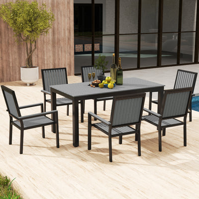 Outsunny 6 Seater Garden Dining Set with Stackable Chairs, Aluminium Frame, Rectangular Plastic Top, Garden Furniture Set, Outdoor Dining Table and Chairs for Patio, Balcony, Poolside, Grey 
