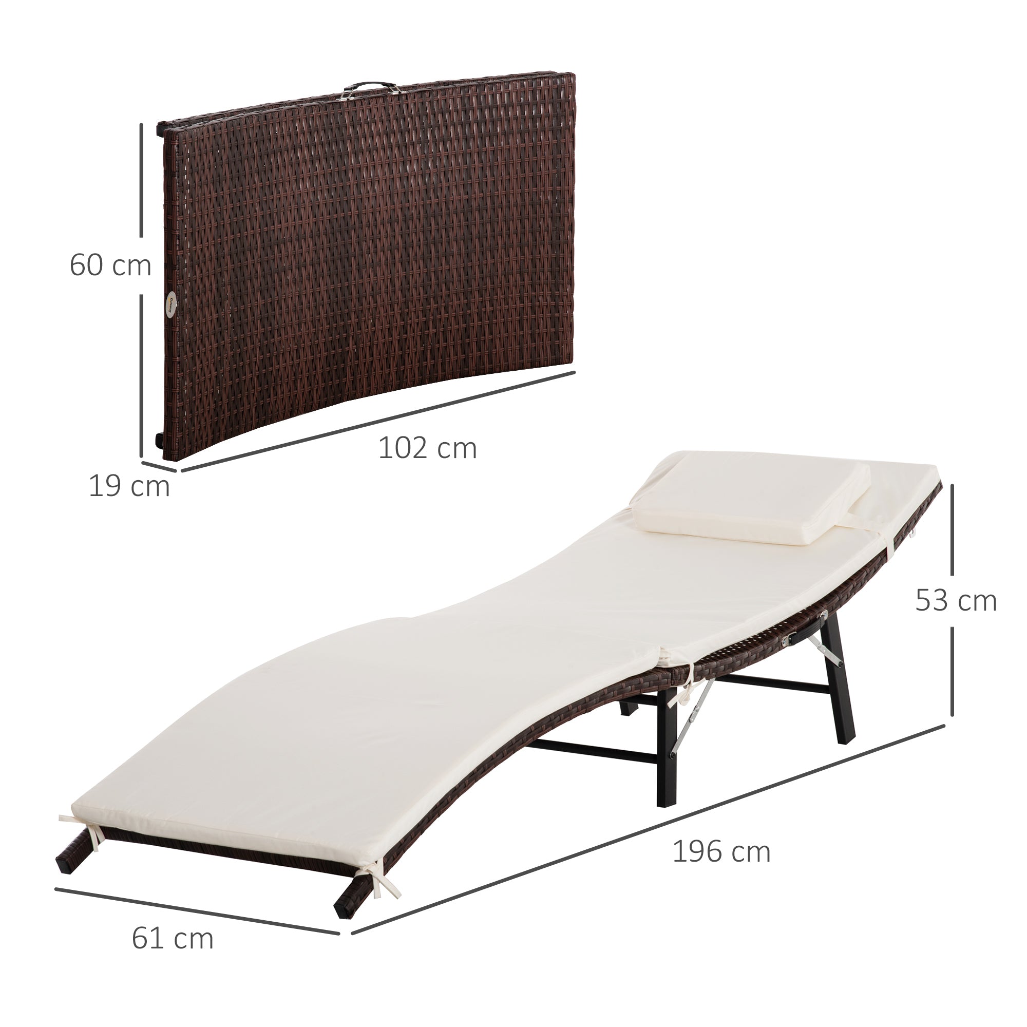 Outsunny Rattan Folding Sun Lounger Outdoor Chair with Cushion and Pillow Cream White 