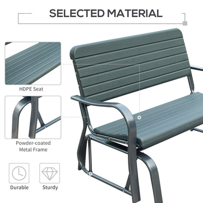 Outsunny 2 Seats Garden Glider Bench, Metal Frame and HDPE Swing Loveseat, Porch Rocking Glider for 2 Person with High Back and Armrest, Dark Green 