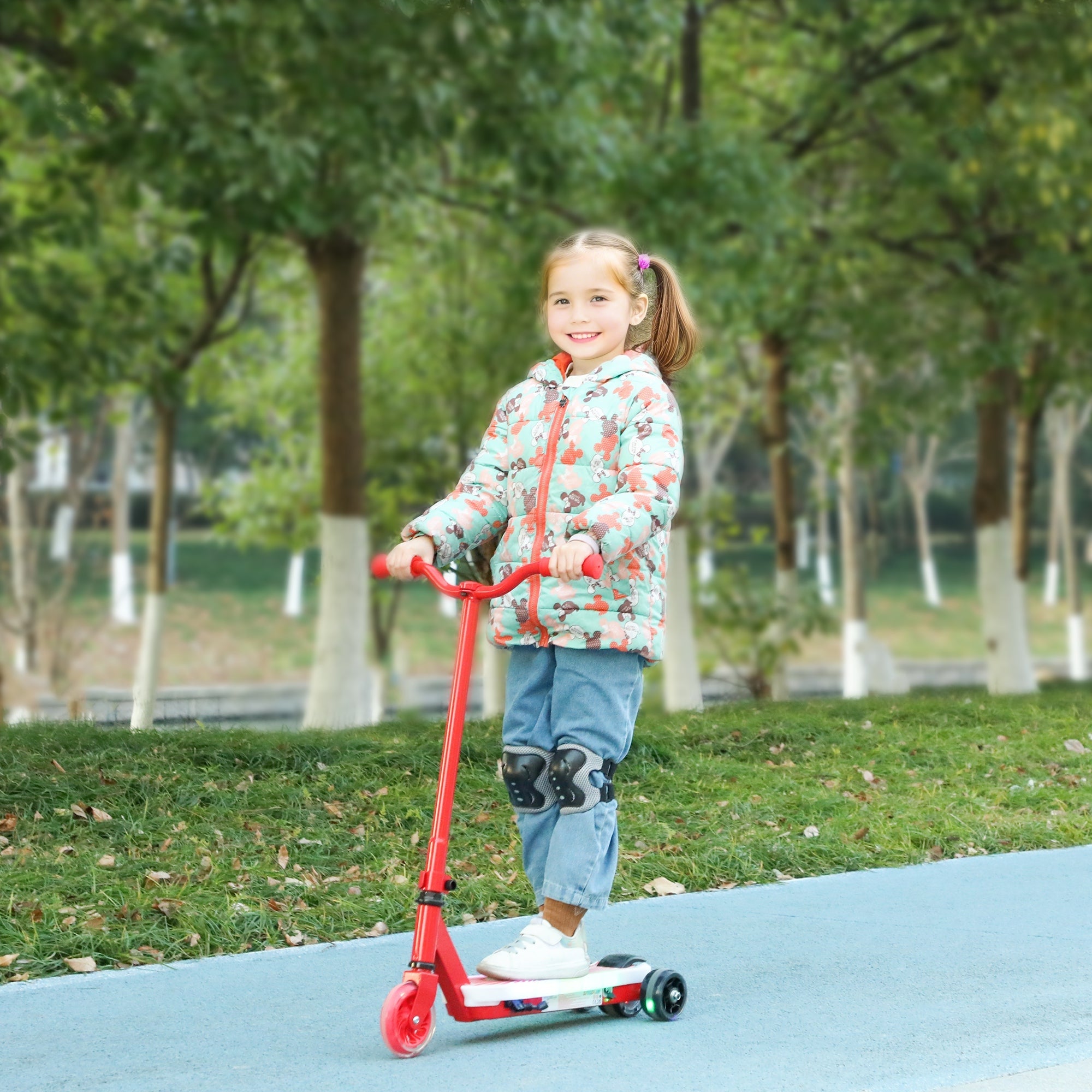 AIYAPLAY Electric Scooter for Kids Ages 4-7, with Auxiliary Rear Wheels, Flashing LED Light and Electric Brake, Kids Electric Scooter for Boys Girls, 6 KM/H & 8 KM, Red 