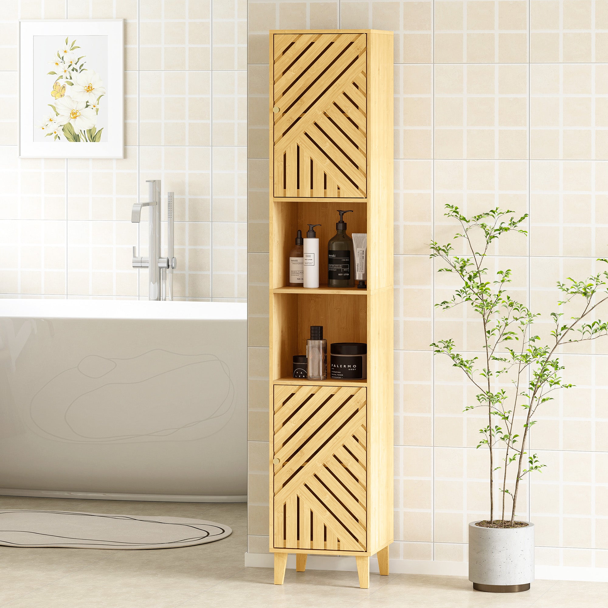 HOMCOM Multi-Storage Bamboo Door Bathroom Cabinet - Natural Finish