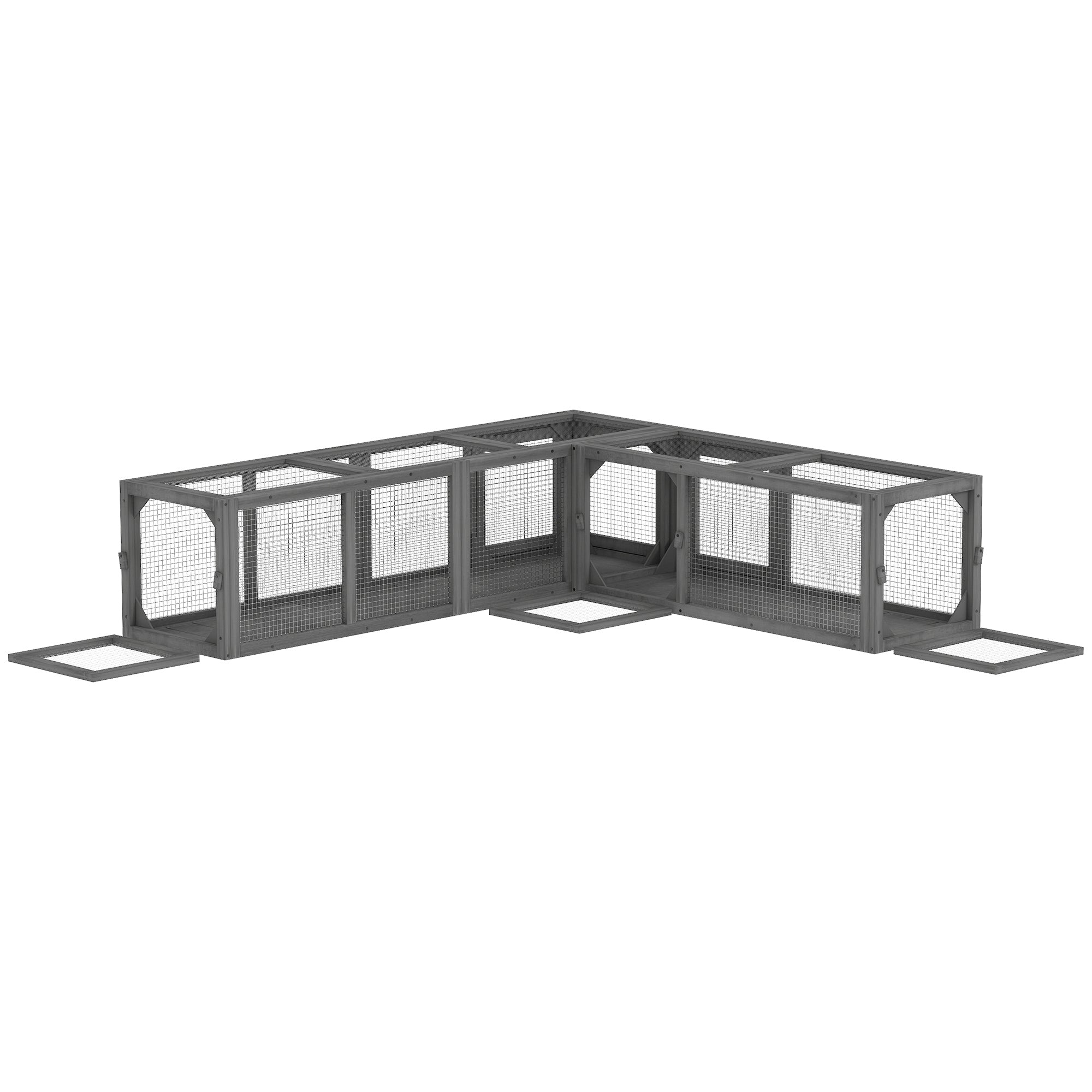 PawHut Cat Tunnel, 250cm Extra Long Wooden Cat Play Tunnel with 8 Doors, L-shape/Rectangle, Outdoor Cat Enclosure, Dark Grey 